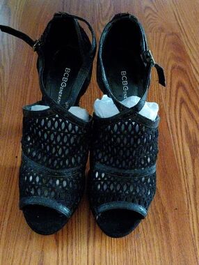 BCBGeneration Black Woven Peep-Toe Ankle-Strap Heels